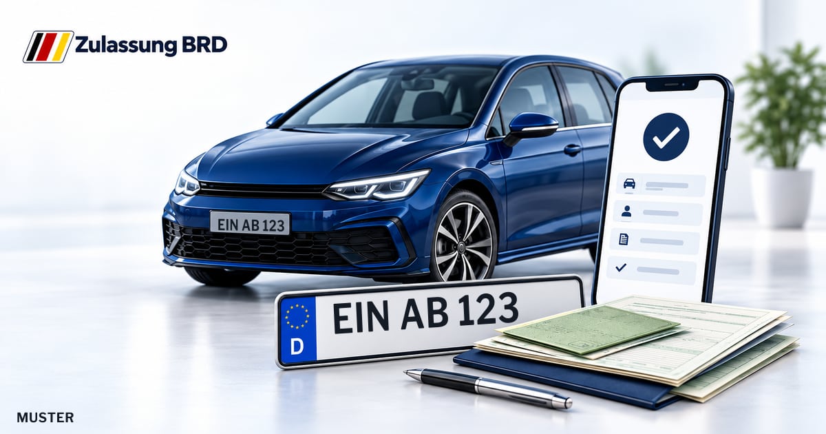 Online Fahrzeugzulassung in Northeim: Musterkennzeichen EIN AB 123, Auto und Fahrzeugpapiere und Smartphone. Illustration mit Logo von Zulassung BRD.
